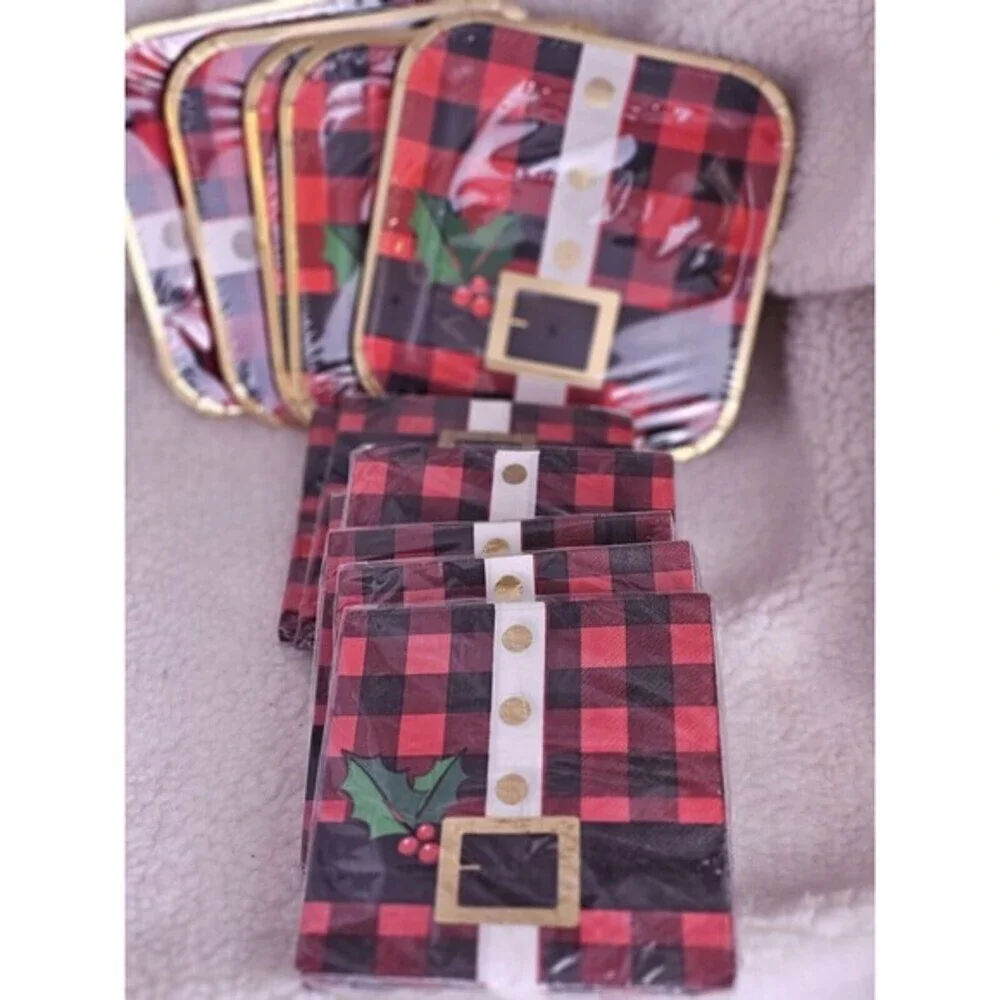 Christmas Santa Belt Party 5 pkgs Napkins & 5 pkgs Plates Set NEW Sealed Plaided